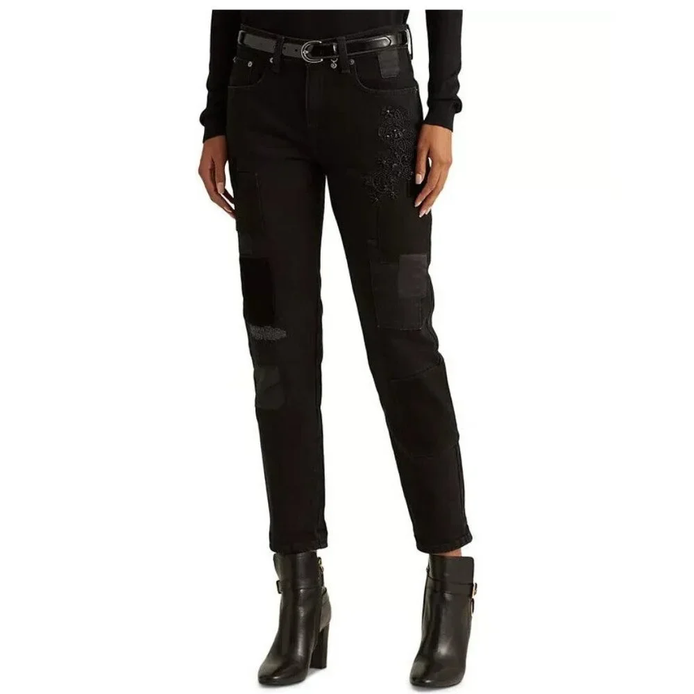NWT Lauren Ralph Lauren Patchwork Relaxed Tapered Jean Black Wash - Picture 1 of 6